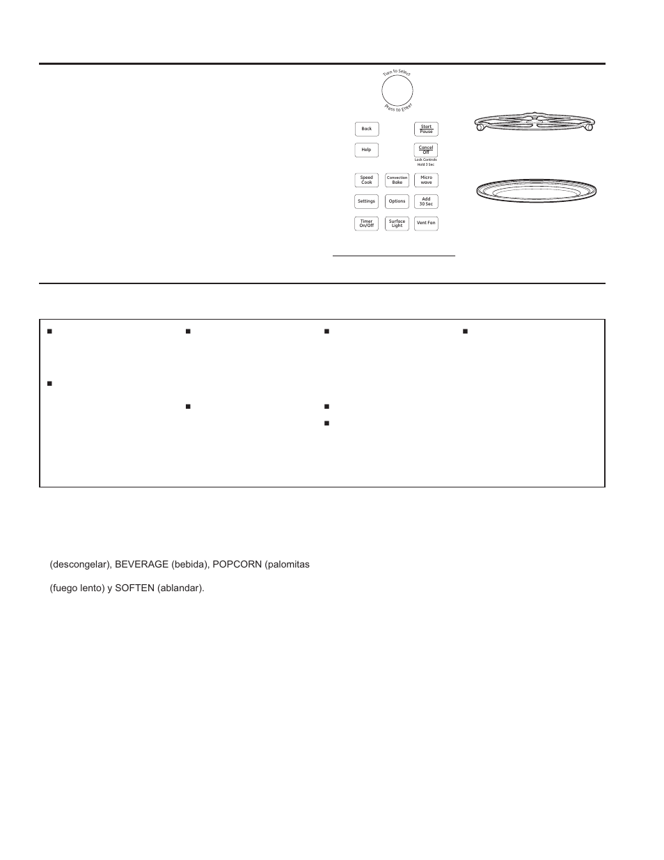 Recipientes de cocimiento, Selecciones predeterminadas para el microondas | GE Profile Advantium Series 30 Inch Over-the-Range Microwave Oven Owner Manual User Manual | Page 57 / 72