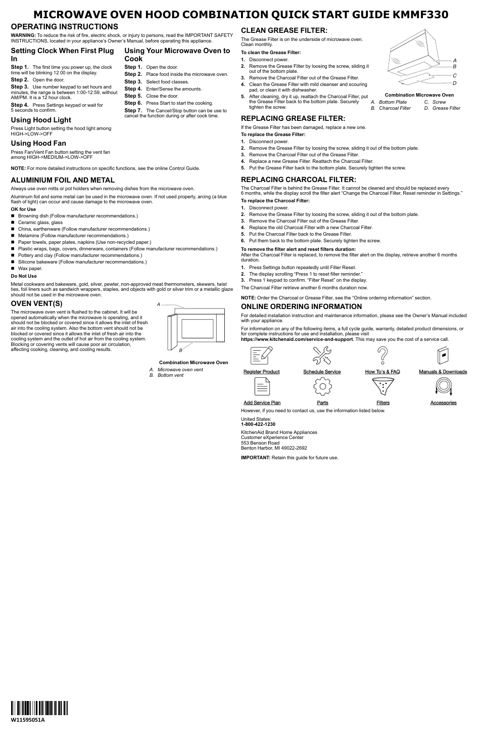 KITCHENAID 1.1 cu. ft. Over-The-Range Microwave Oven Quick Start Guide User Manual | 2 pages