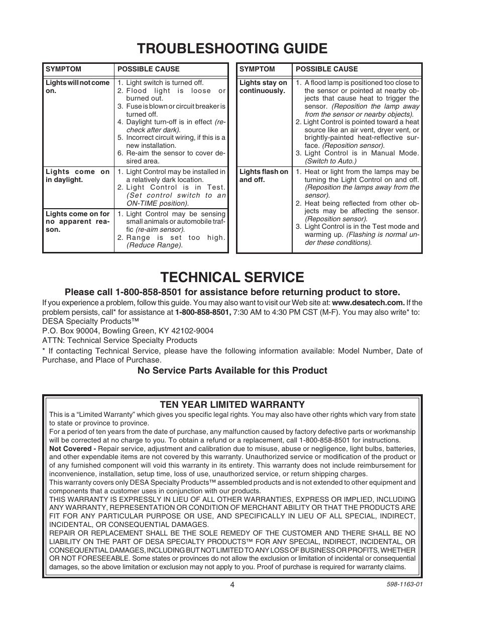 Troubleshooting guide, Technical service | Desa SH-5710 User Manual | Page 4 / 8