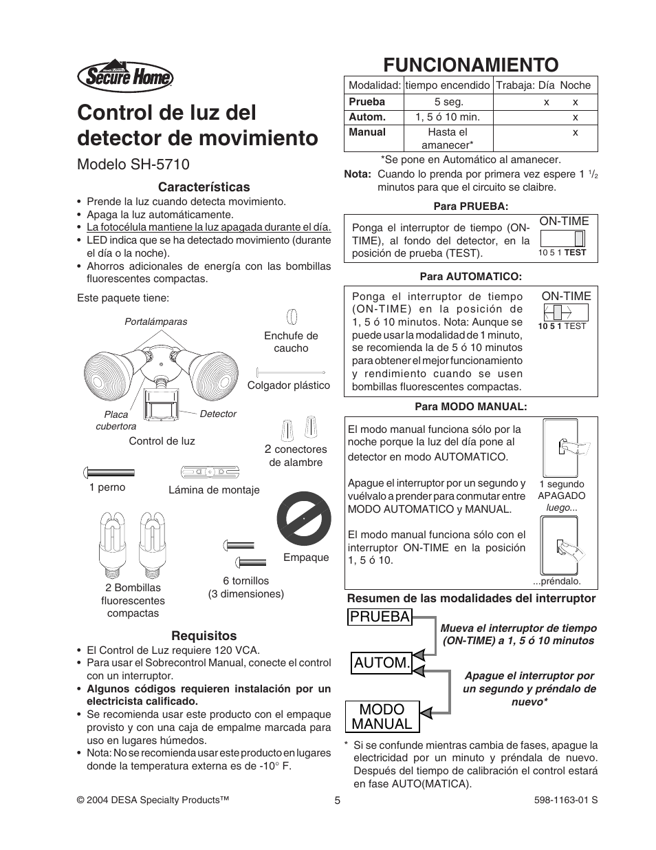 Control de luz del detector de movimiento, Funcionamiento, Modelo sh-5710 | Prueba autom. modo manual | Desa SH-5710 User Manual | Page 5 / 8