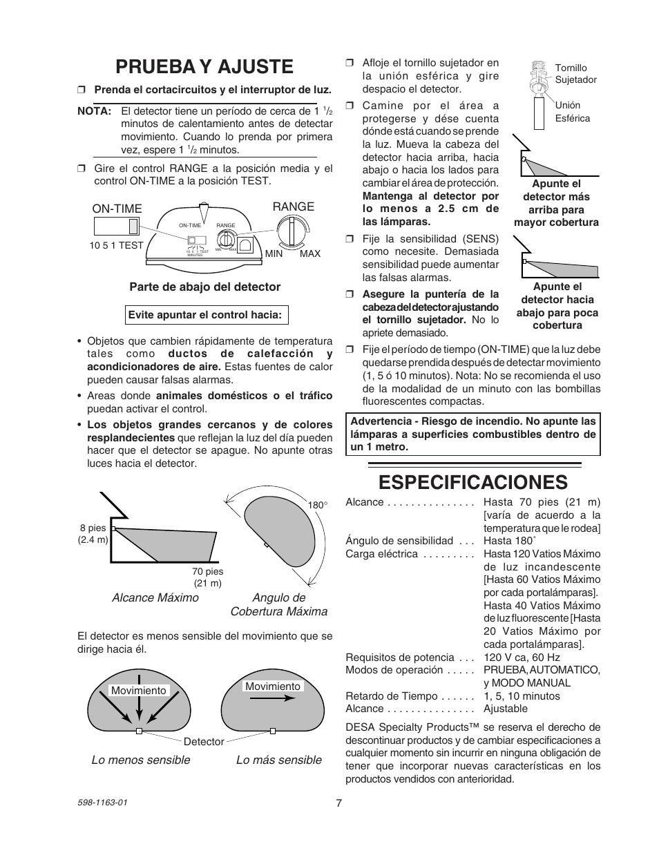 Prueba y ajuste, Especificaciones | Desa SH-5710 User Manual | Page 7 / 8