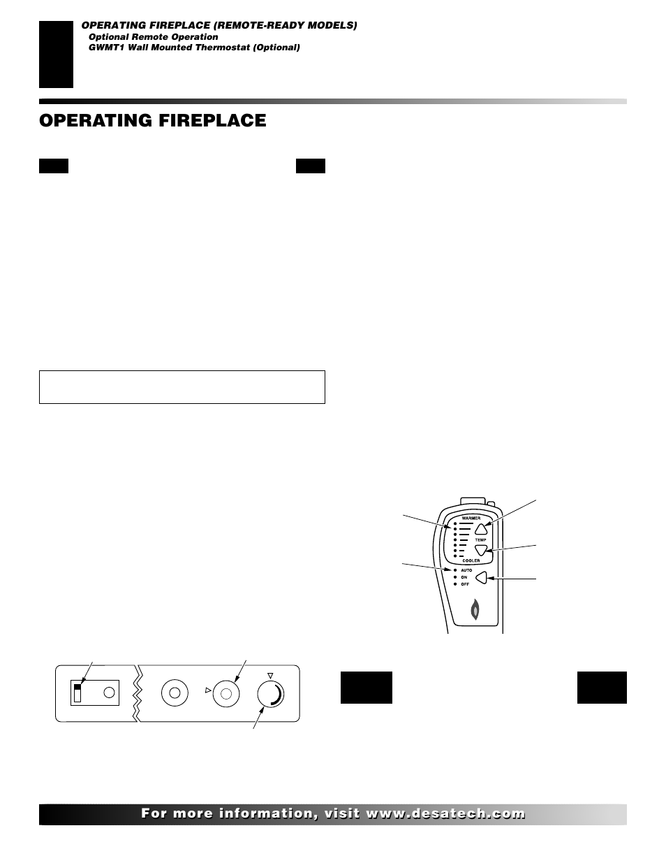 Inspecting burners, Operating fireplace, Continued | Gwmt1 wall mounted thermostat (optional), Optional remote operation | Desa EFS10TN User Manual | Page 26 / 44