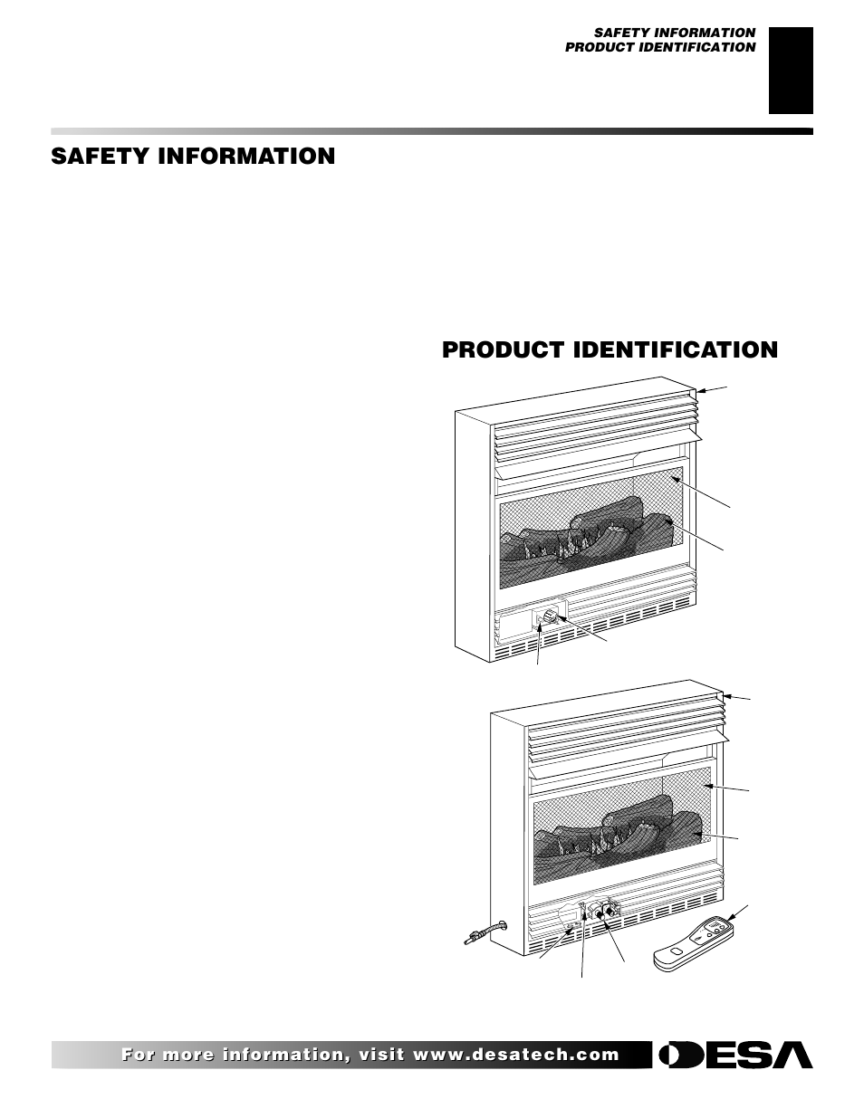 Product identification, Safety information, Continued | Desa EFS10TN User Manual | Page 3 / 44