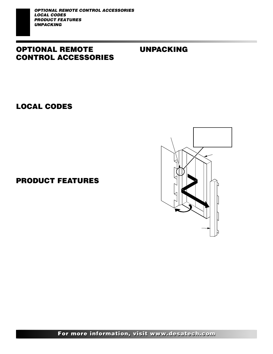 Optional remote control accessories, Local codes, Product features | Unpacking | Desa EFS10TN User Manual | Page 4 / 44