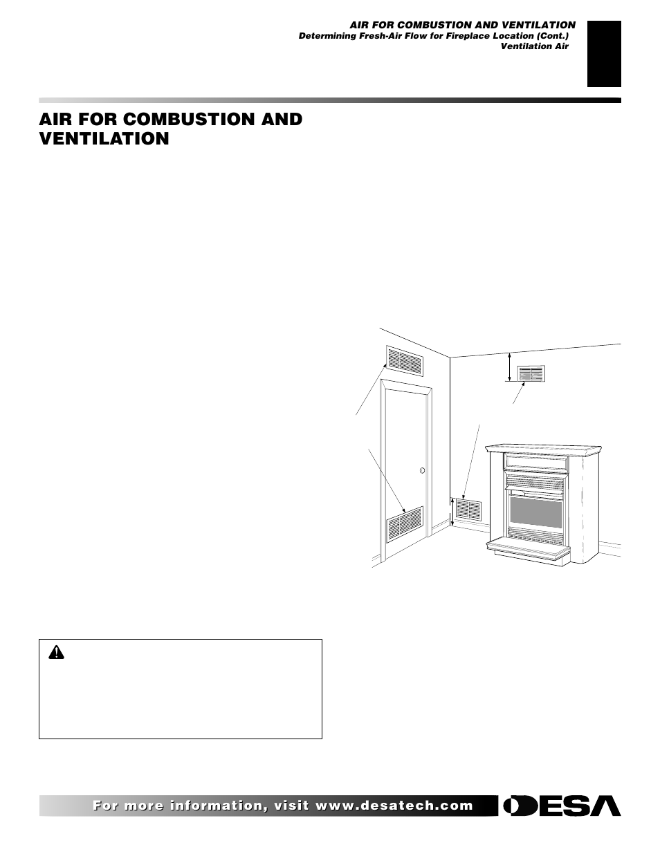 Air for combustion and ventilation, Continued, Ventilation air | Ventilation air from inside building | Desa EFS10TN User Manual | Page 7 / 44