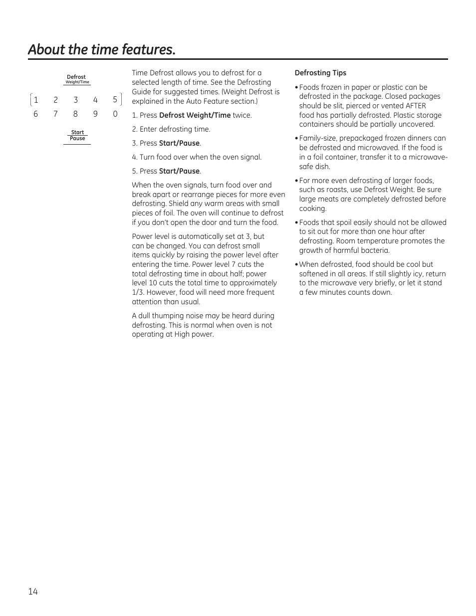 About the time features | GE 30 Inch Over-the-Range Microwave Owners Manual User Manual | Page 14 / 54