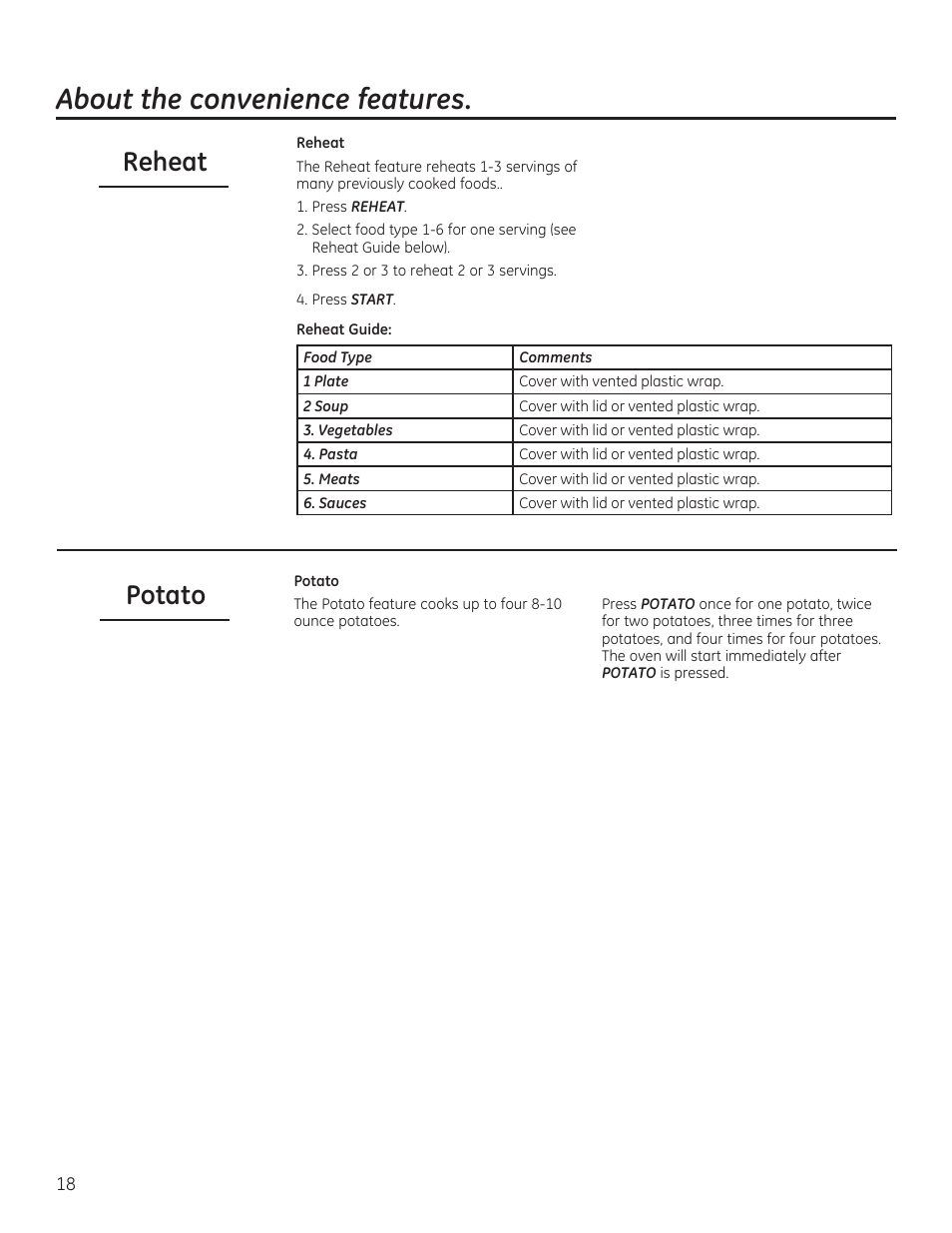 About the convenience features, Reheat potato | GE 30 Inch Over-the-Range Microwave Owners Manual User Manual | Page 18 / 54