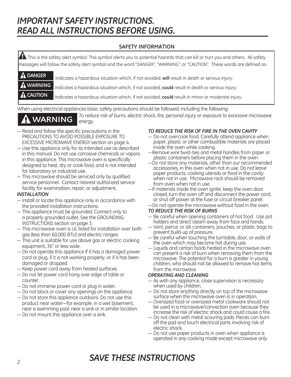 Save these instructions, Warning | GE 30 Inch Over-the-Range Microwave Owners Manual User Manual | Page 2 / 54