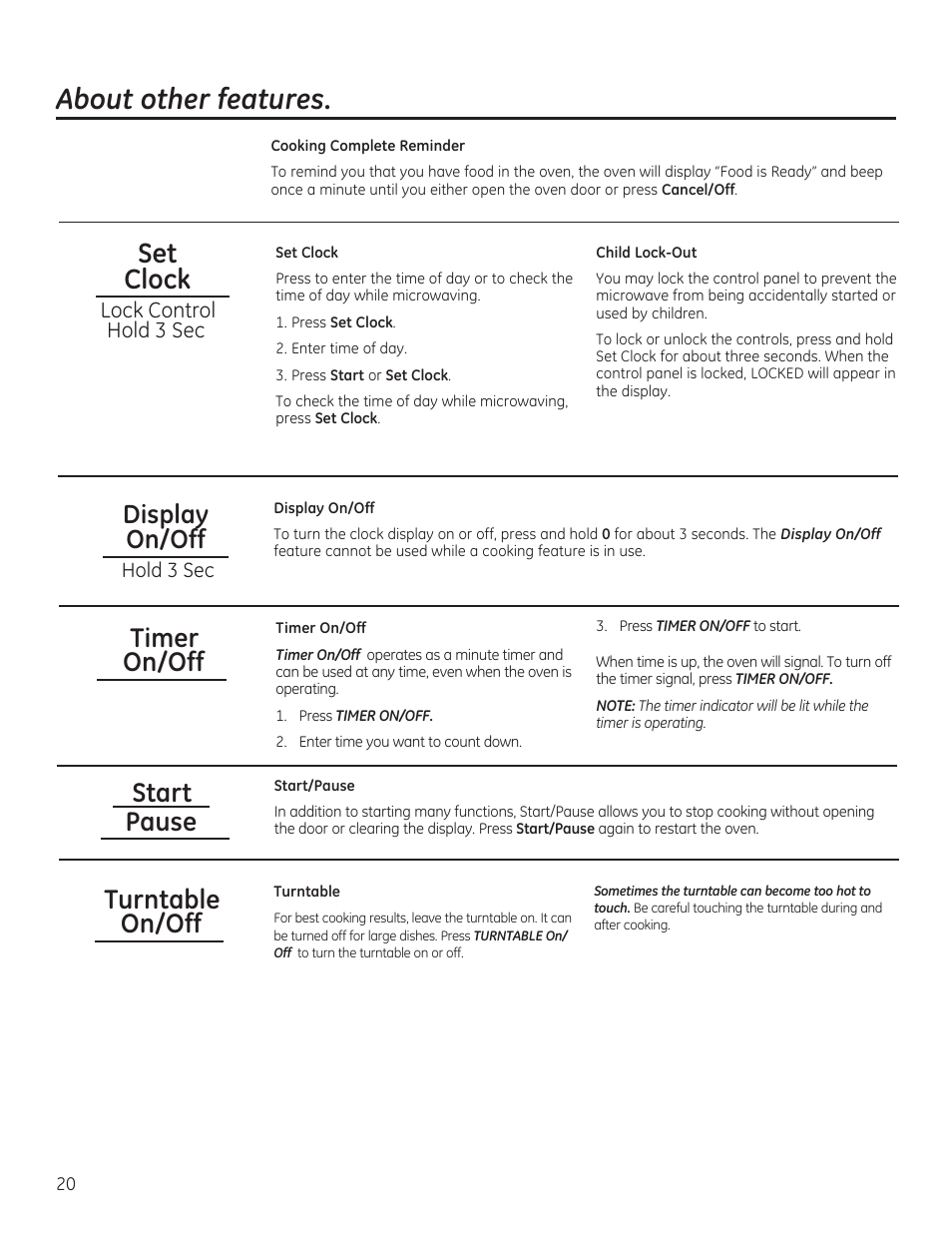 About other features, Set clock, Timer on/off start pause turntable on/off | Display on/off, Lock control hold 3 sec | GE 30 Inch Over-the-Range Microwave Owners Manual User Manual | Page 20 / 54