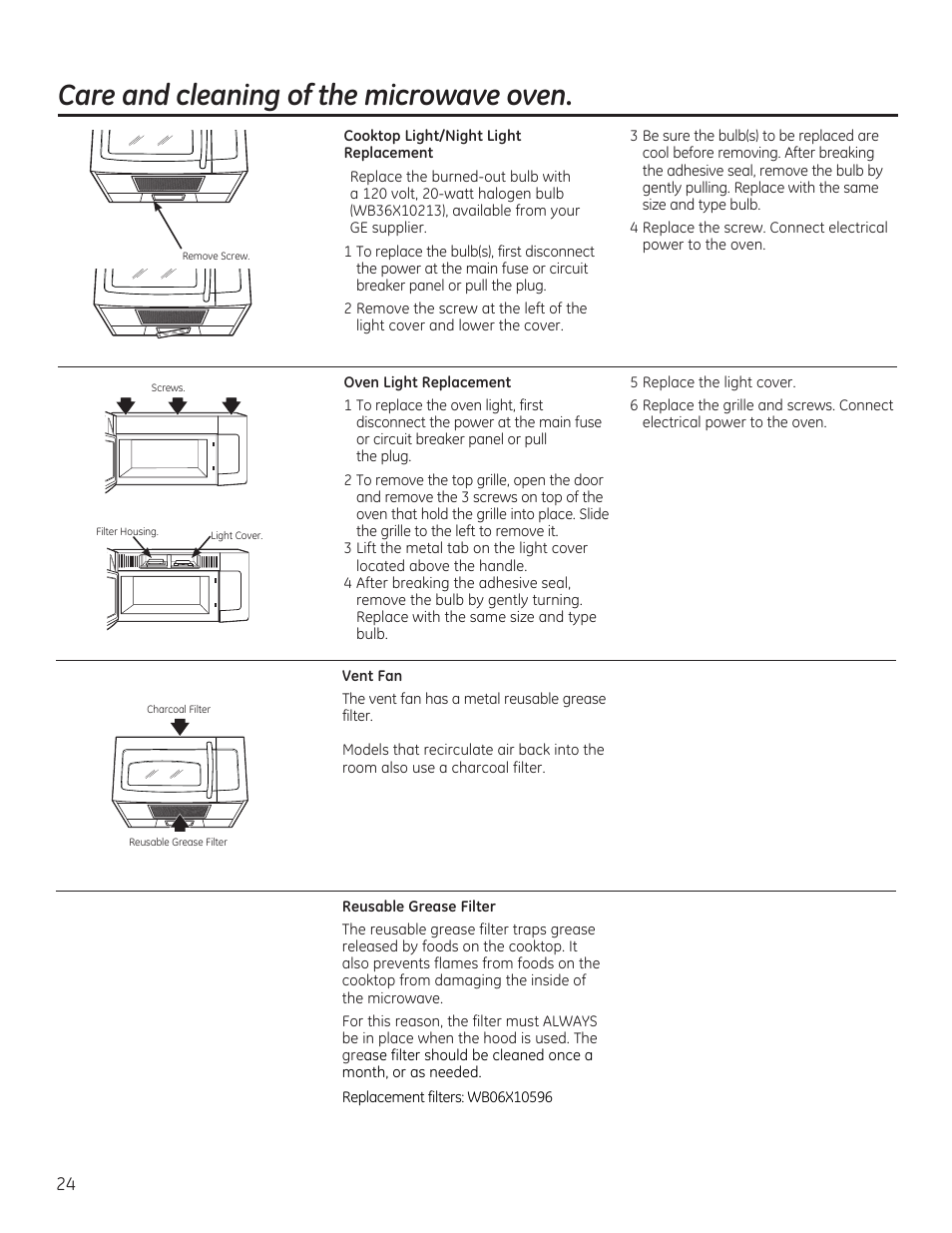 Care and cleaning of the microwave oven | GE 30 Inch Over-the-Range Microwave Owners Manual User Manual | Page 24 / 54