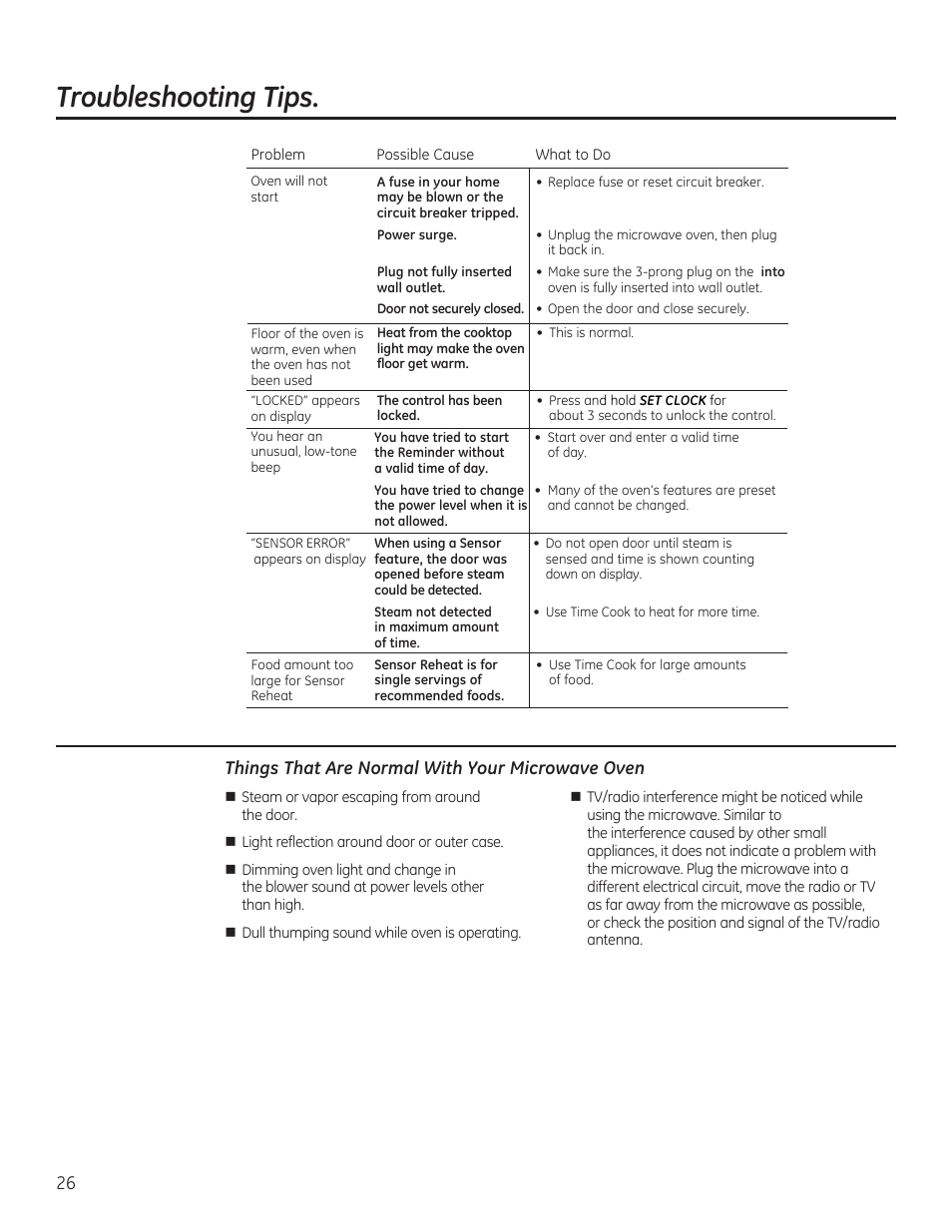 Troubleshooting tips, Things that are normal with your microwave oven | GE 30 Inch Over-the-Range Microwave Owners Manual User Manual | Page 26 / 54