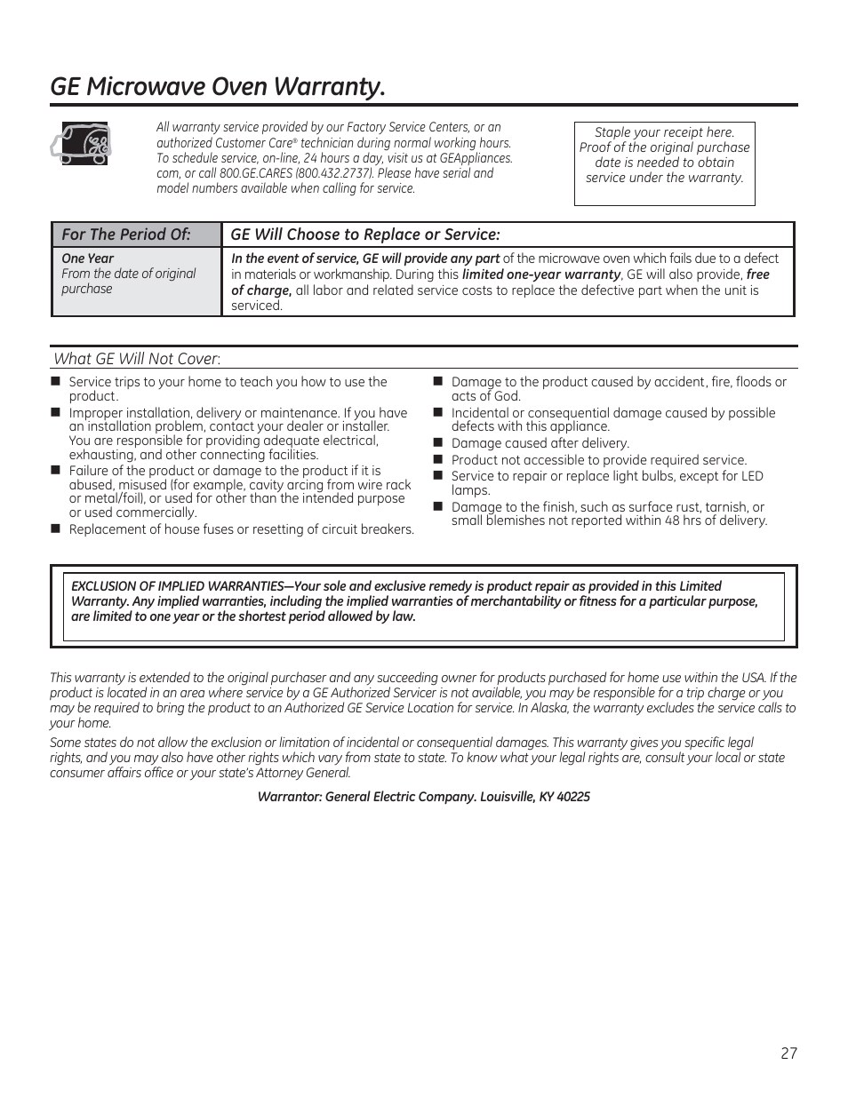 Ge microwave oven warranty | GE 30 Inch Over-the-Range Microwave Owners Manual User Manual | Page 27 / 54