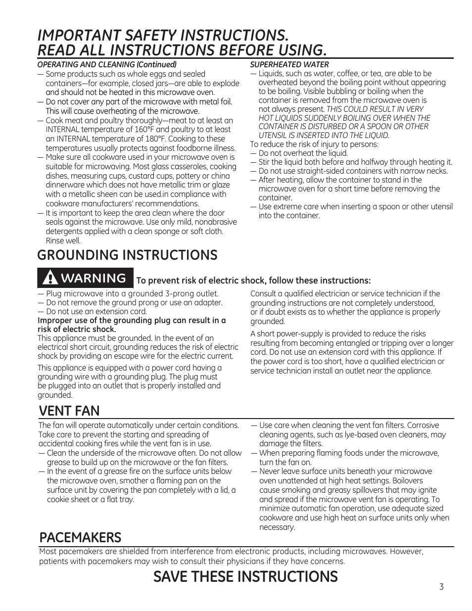 Save these instructions, Vent fan pacemakers, Grounding instructions | Warning | GE 30 Inch Over-the-Range Microwave Owners Manual User Manual | Page 3 / 54