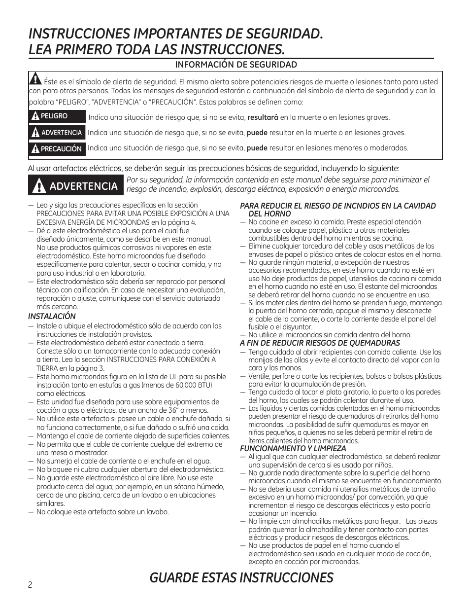 Guarde estas instrucciones, Advertencia | GE 30 Inch Over-the-Range Microwave Owners Manual User Manual | Page 30 / 54