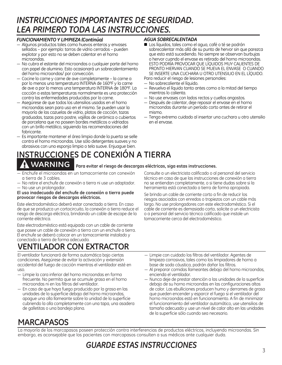 Guarde estas instrucciones, Ventilador con extractor marcapasos, Instrucciones de conexión a tierra | Warning | GE 30 Inch Over-the-Range Microwave Owners Manual User Manual | Page 31 / 54