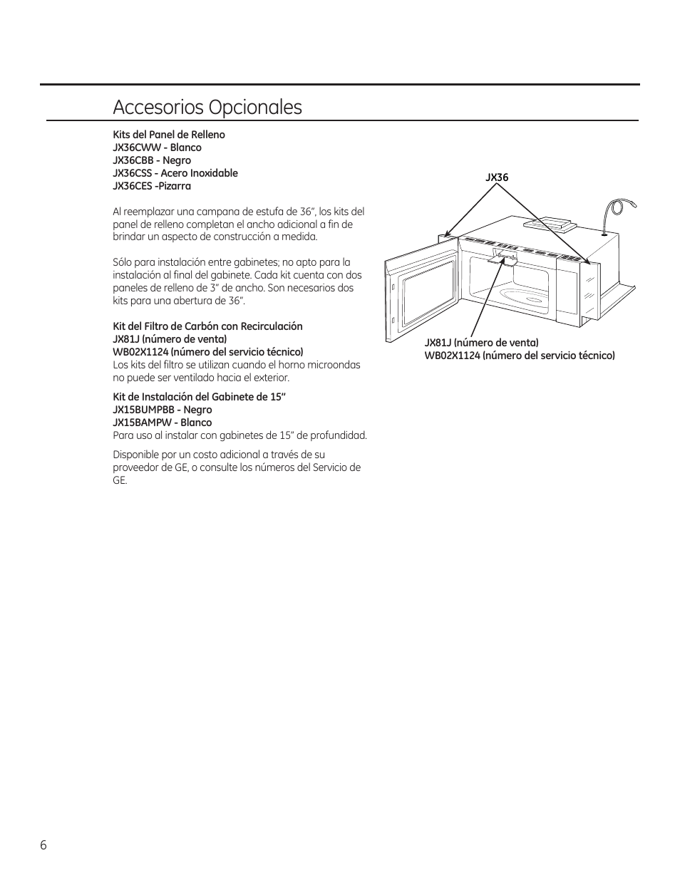 Accesorios opcionales | GE 30 Inch Over-the-Range Microwave Owners Manual User Manual | Page 34 / 54