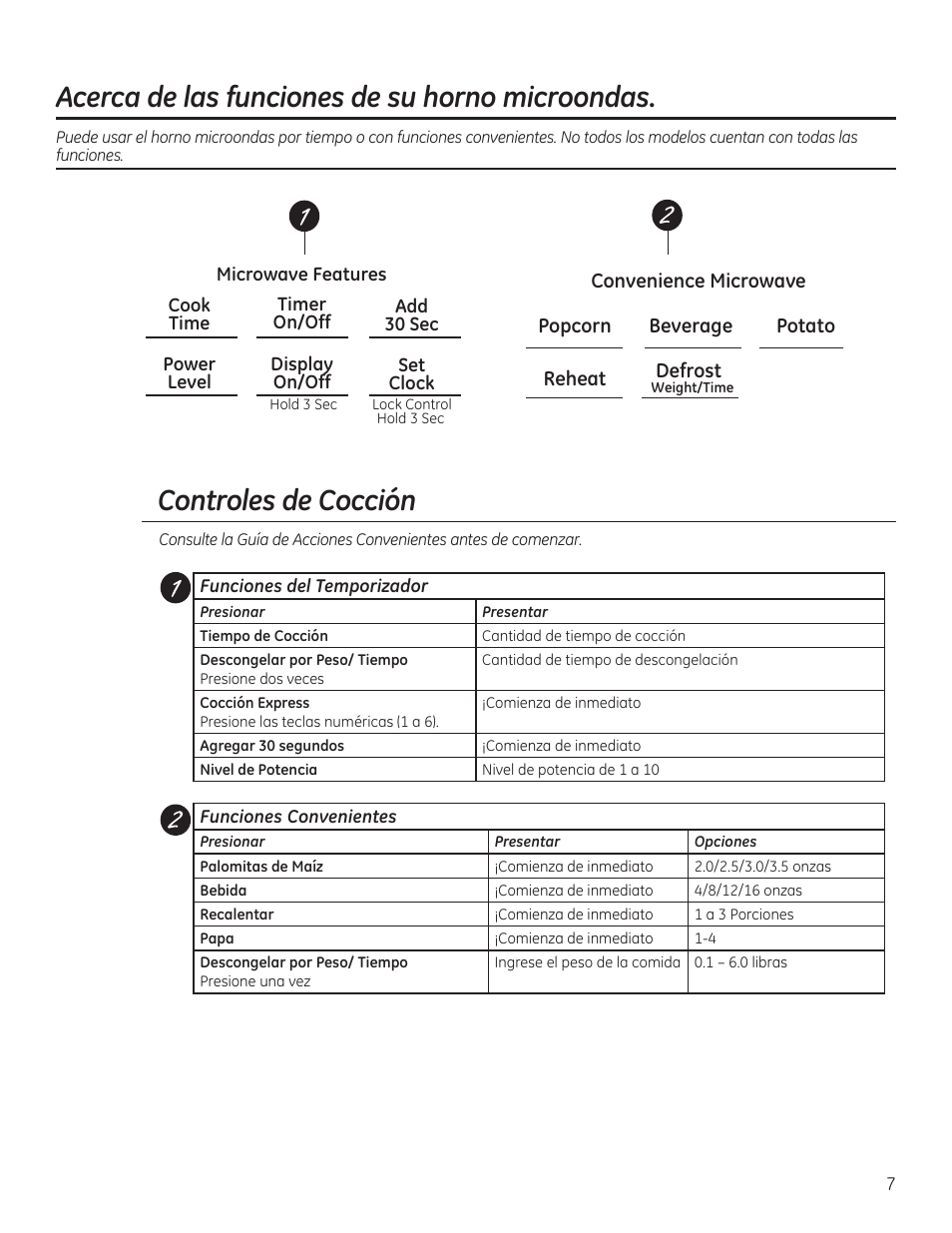 Controles de cocción, Acerca de las funciones de su horno microondas | GE 30 Inch Over-the-Range Microwave Owners Manual User Manual | Page 35 / 54