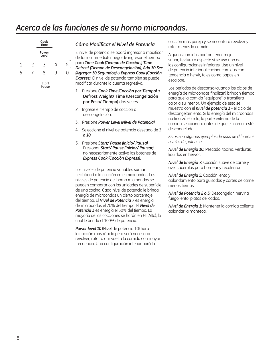 Acerca de las funciones de su horno microondas | GE 30 Inch Over-the-Range Microwave Owners Manual User Manual | Page 36 / 54