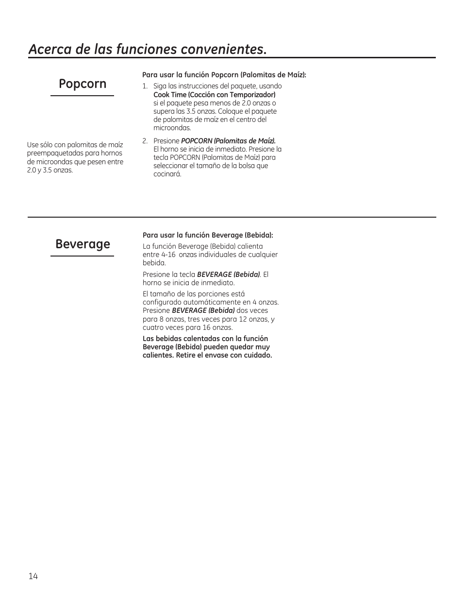 Acerca de las funciones convenientes, Popcorn beverage | GE 30 Inch Over-the-Range Microwave Owners Manual User Manual | Page 42 / 54