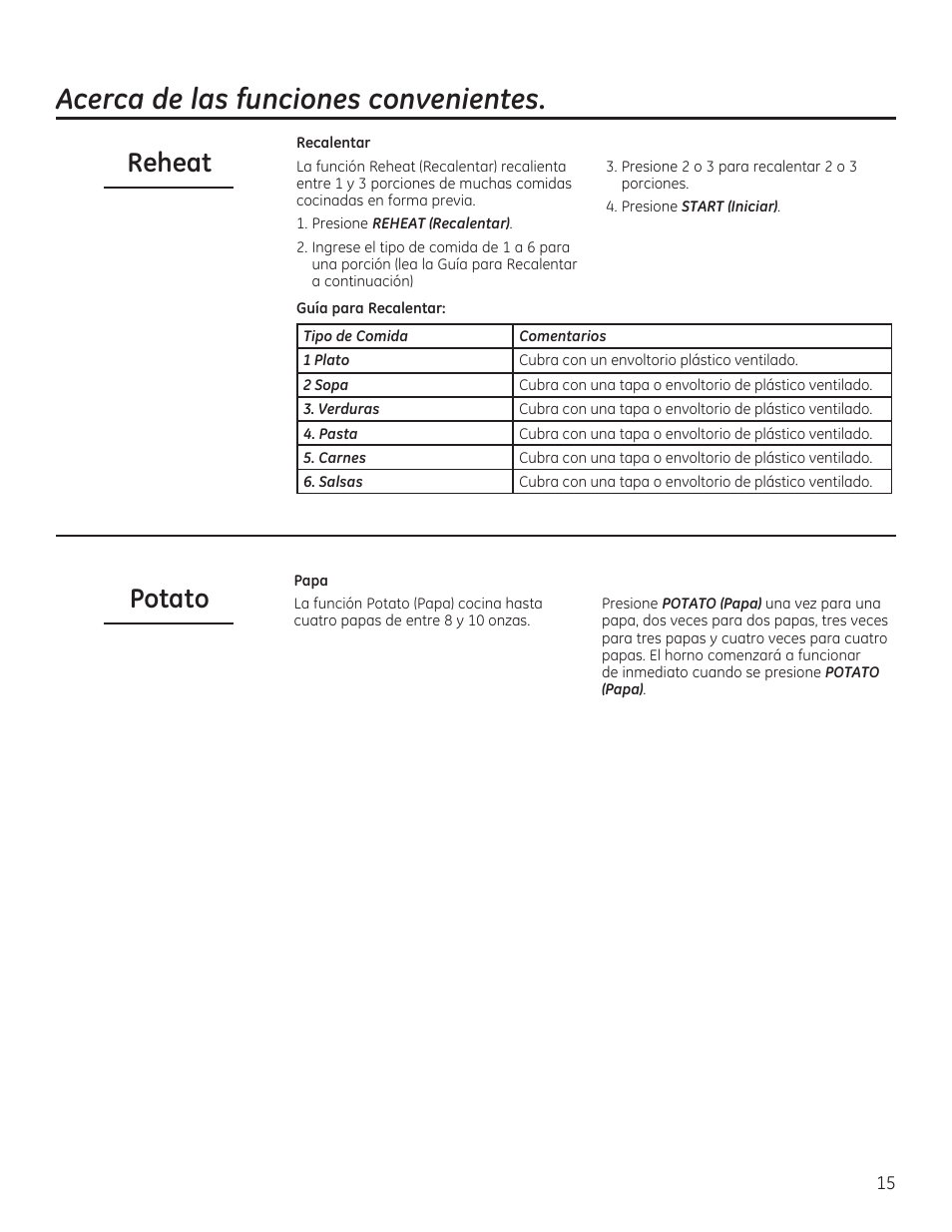 Acerca de las funciones convenientes, Reheat potato | GE 30 Inch Over-the-Range Microwave Owners Manual User Manual | Page 43 / 54