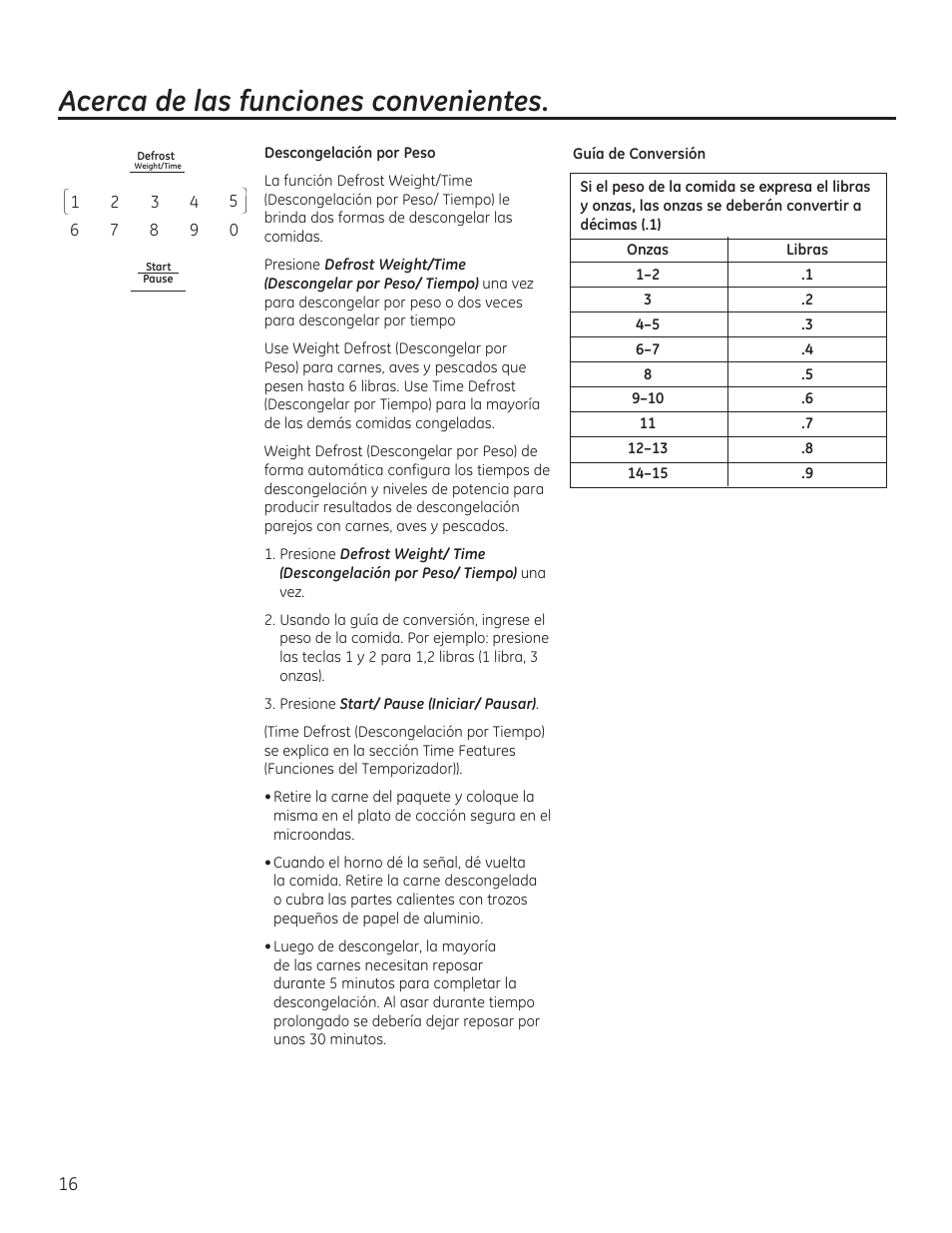 Acerca de las funciones convenientes | GE 30 Inch Over-the-Range Microwave Owners Manual User Manual | Page 44 / 54