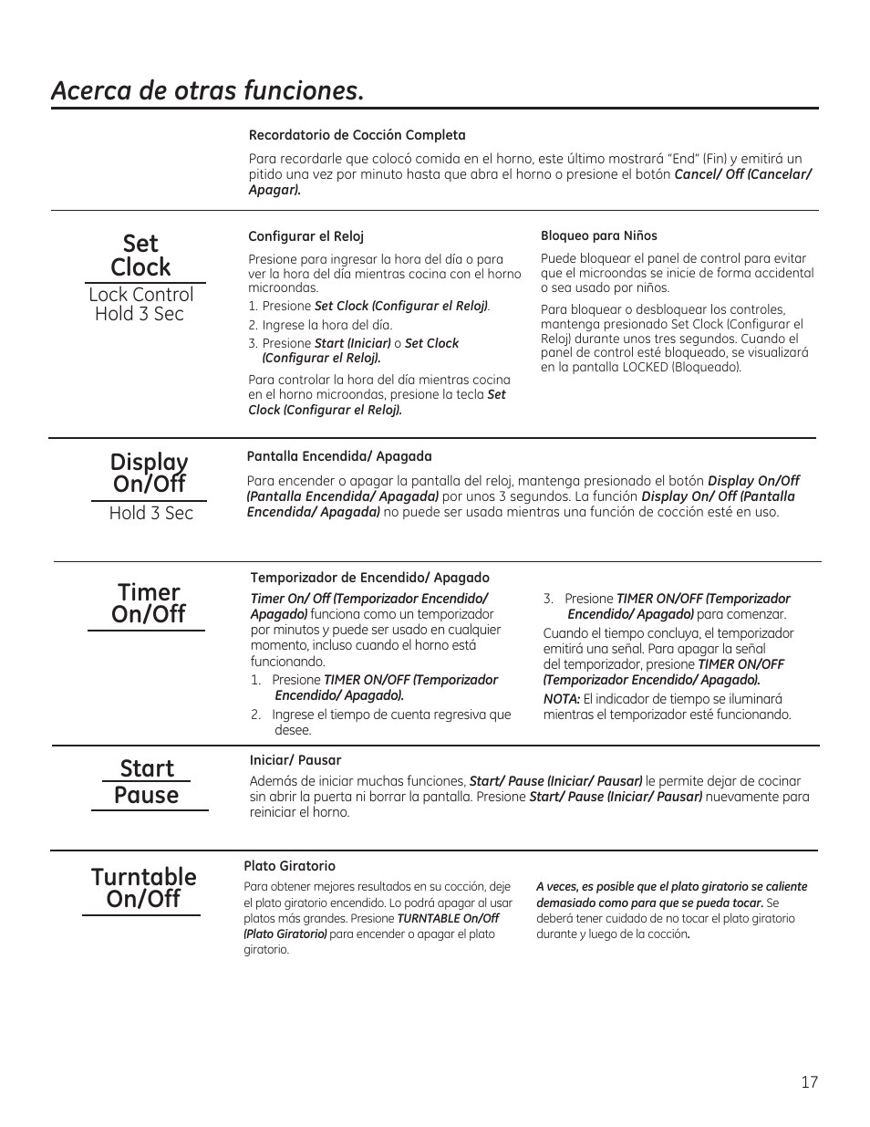Acerca de otras funciones, Set clock, Start pause turntable on/off timer on/off | Display on/off, Lock control hold 3 sec, Hold 3 sec | GE 30 Inch Over-the-Range Microwave Owners Manual User Manual | Page 45 / 54