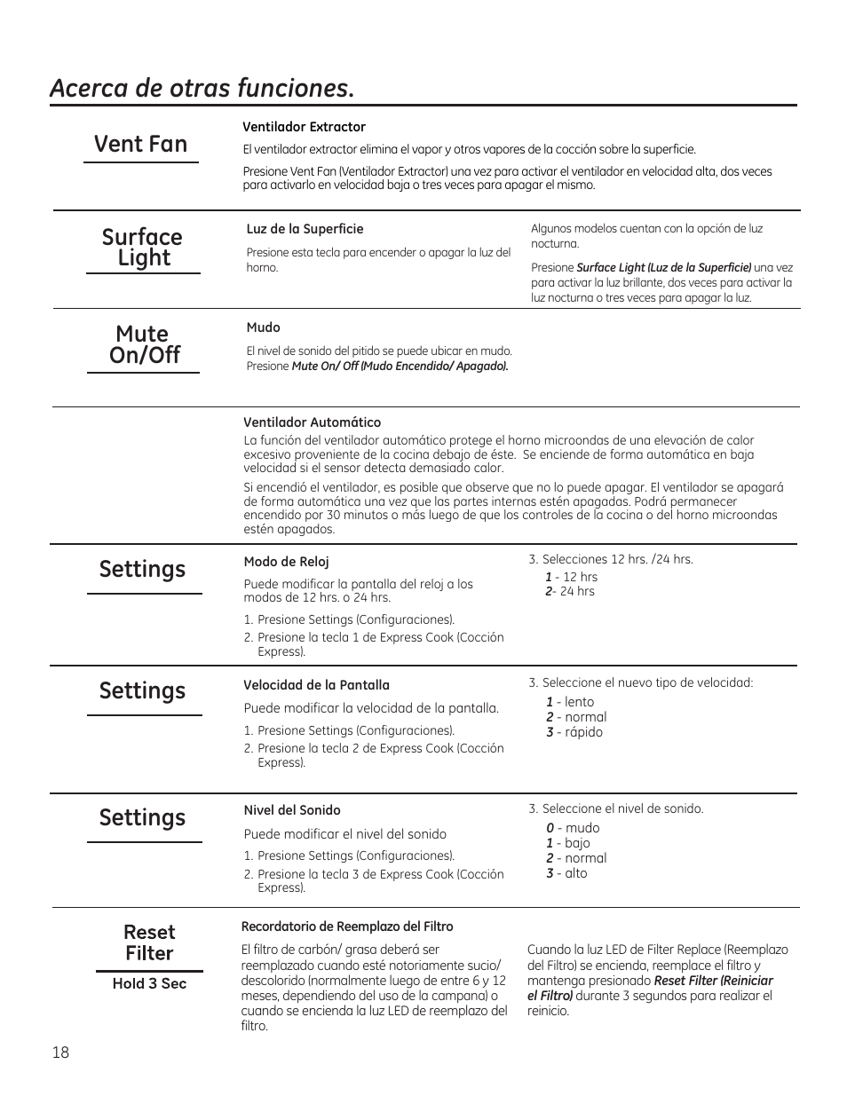 Acerca de otras funciones, Vent fan, Surface light | Settings, Mute on/off | GE 30 Inch Over-the-Range Microwave Owners Manual User Manual | Page 46 / 54