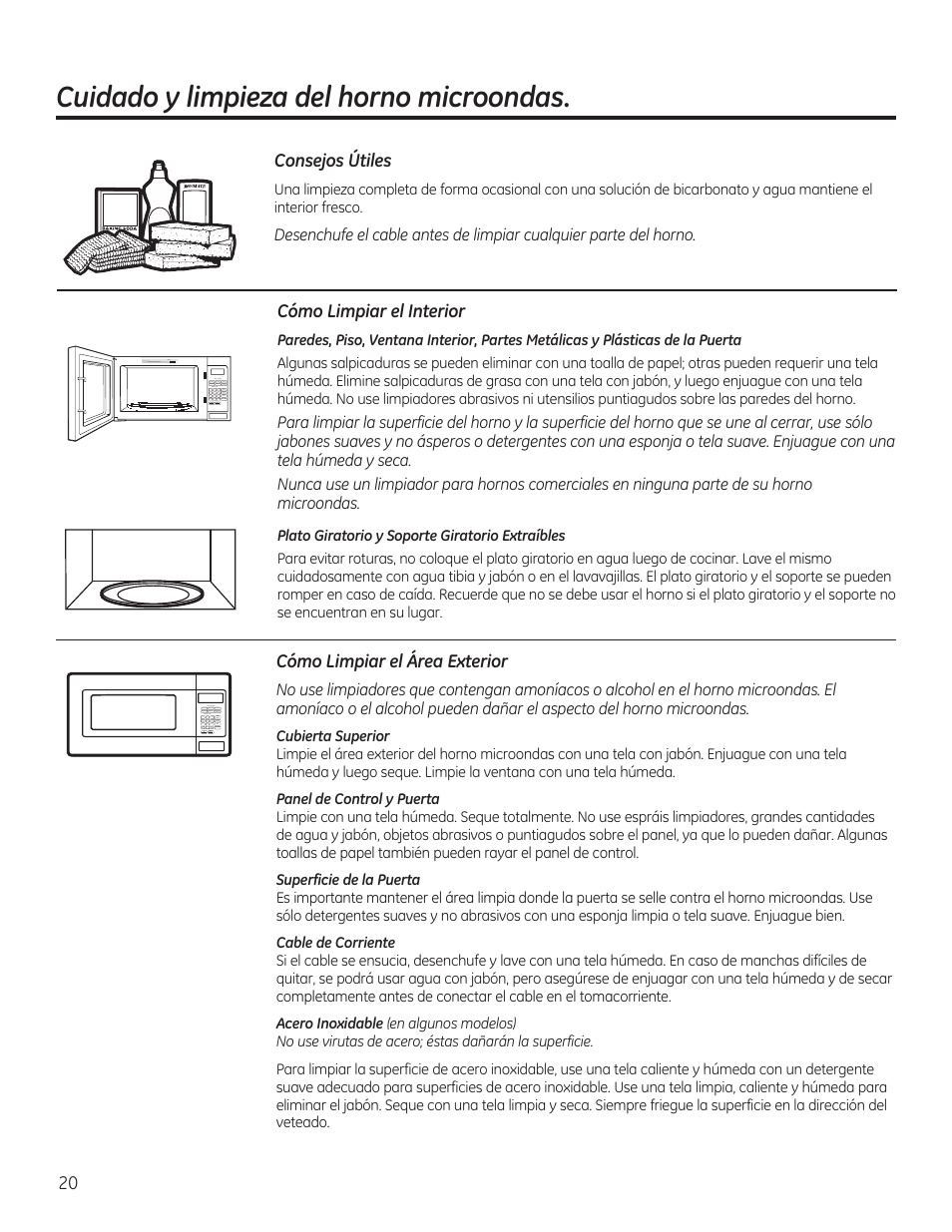 Cuidado y limpieza del horno microondas, Consejos útiles, Cómo limpiar el interior | Cómo limpiar el área exterior | GE 30 Inch Over-the-Range Microwave Owners Manual User Manual | Page 48 / 54