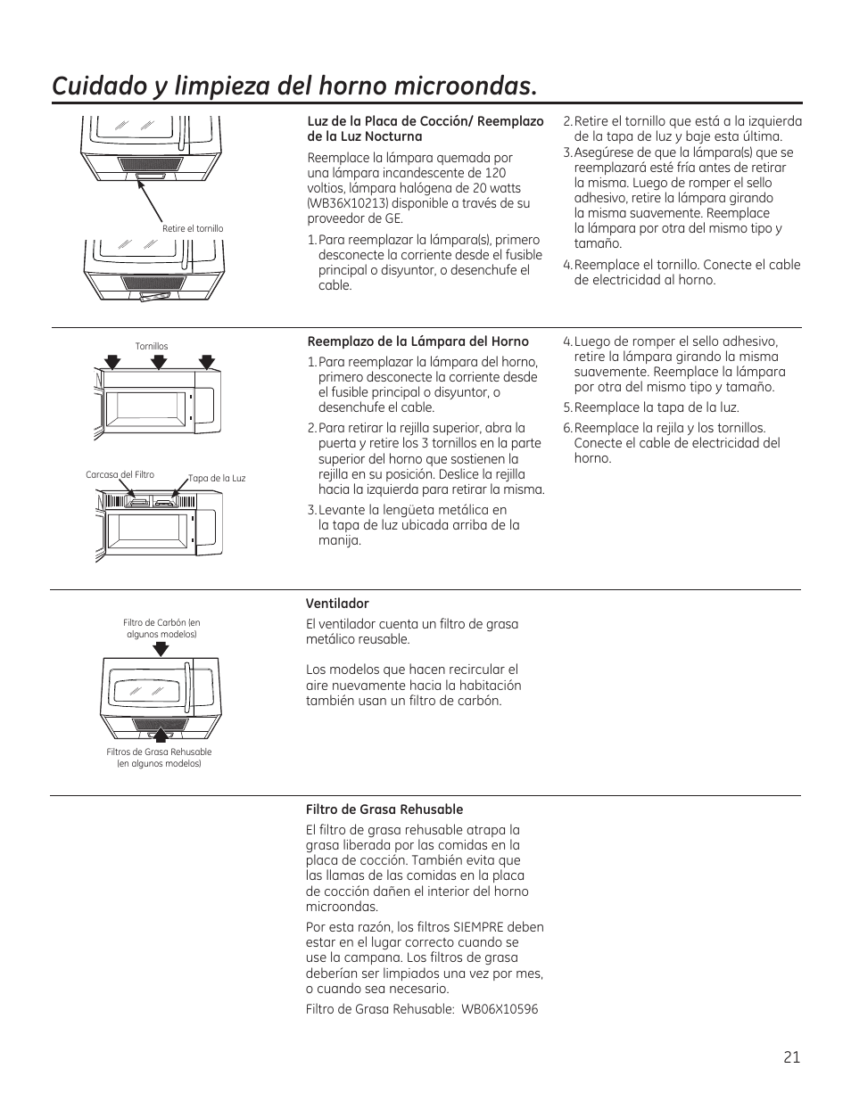 Cuidado y limpieza del horno microondas | GE 30 Inch Over-the-Range Microwave Owners Manual User Manual | Page 49 / 54