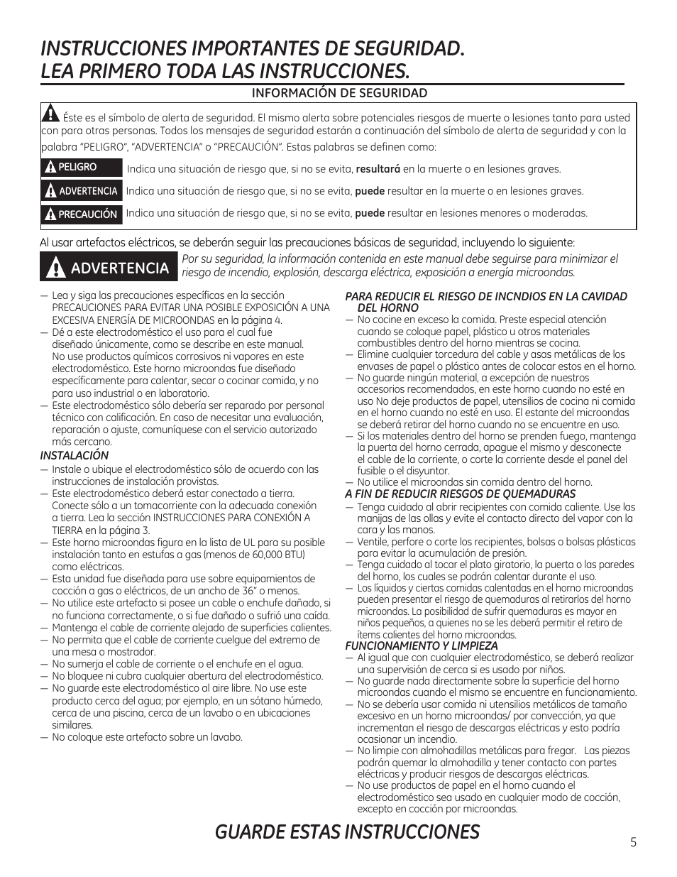 Guarde estas instrucciones, Advertencia | GE 30 Inch Over-the-Range Microwave Owners Manual User Manual | Page 5 / 54