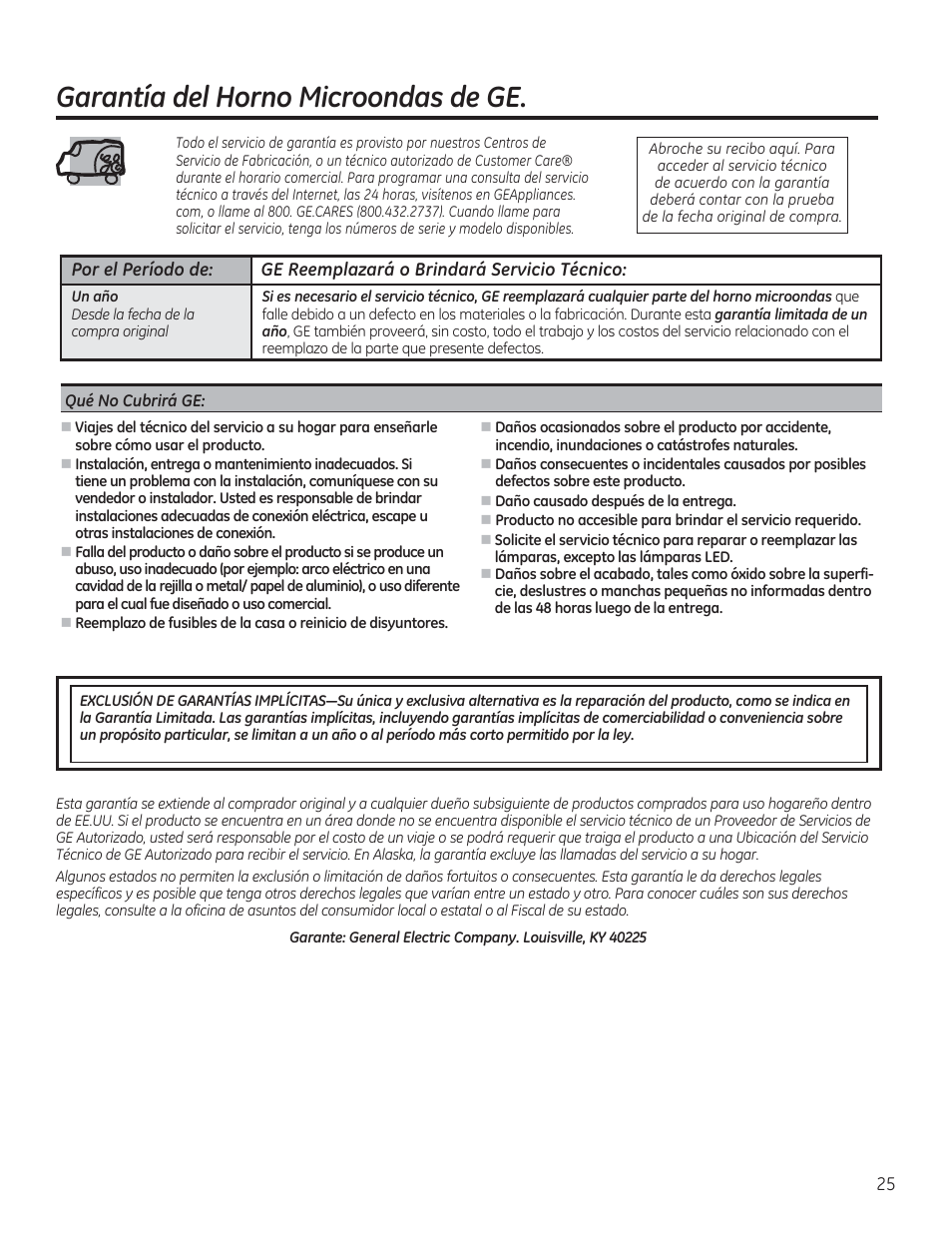 Garantía del horno microondas de ge | GE 30 Inch Over-the-Range Microwave Owners Manual User Manual | Page 53 / 54