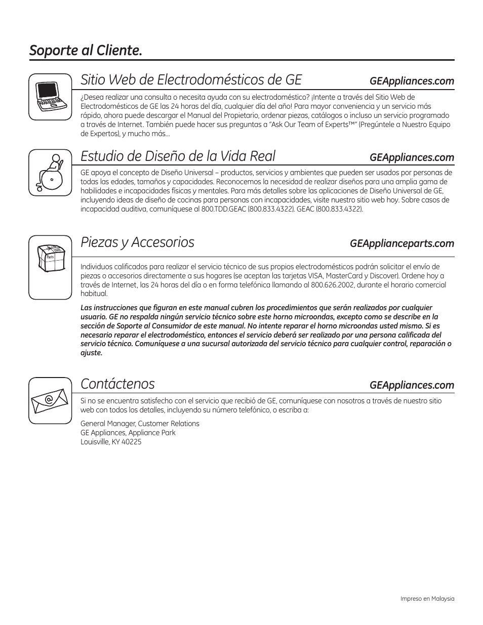 Estudio de diseño de la vida real, Piezas y accesorios, Contáctenos | GE 30 Inch Over-the-Range Microwave Owners Manual User Manual | Page 54 / 54