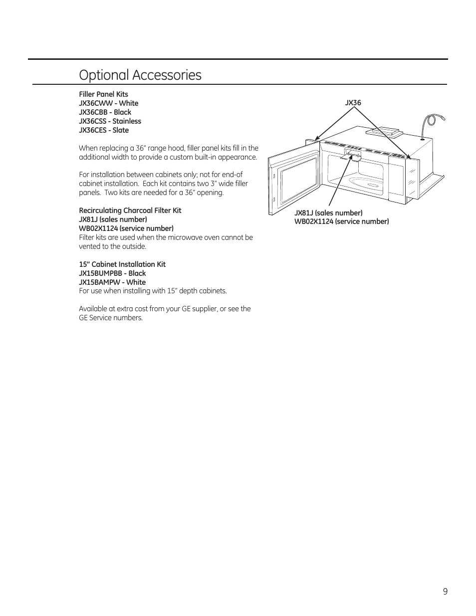 Optional accessories | GE 30 Inch Over-the-Range Microwave Owners Manual User Manual | Page 9 / 54