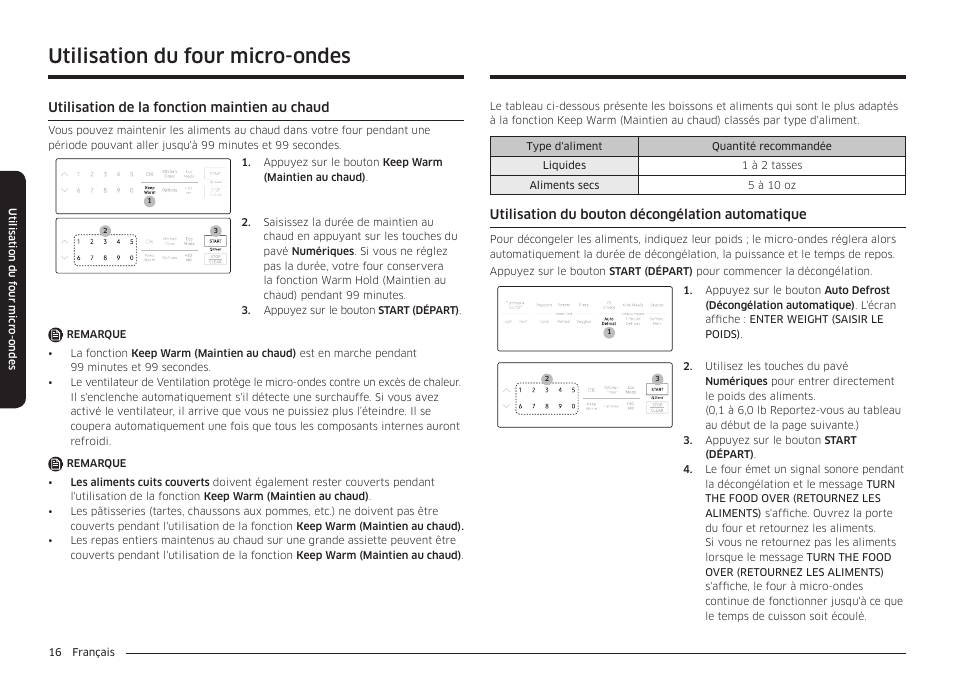 Utilisation du four micro-ondes | Samsung 30 Inch Over-the-Range Microwave Installation Guide User Manual | Page 104 / 132
