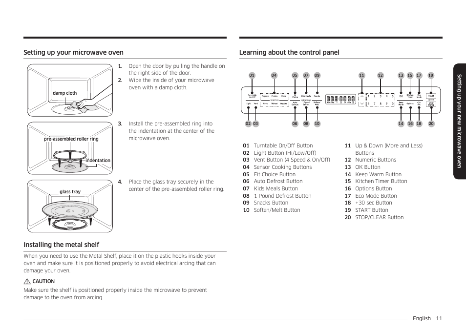 Learning about the control panel, Setting up your microwave oven, Installing the metal shelf | Samsung 30 Inch Over-the-Range Microwave Installation Guide User Manual | Page 11 / 132