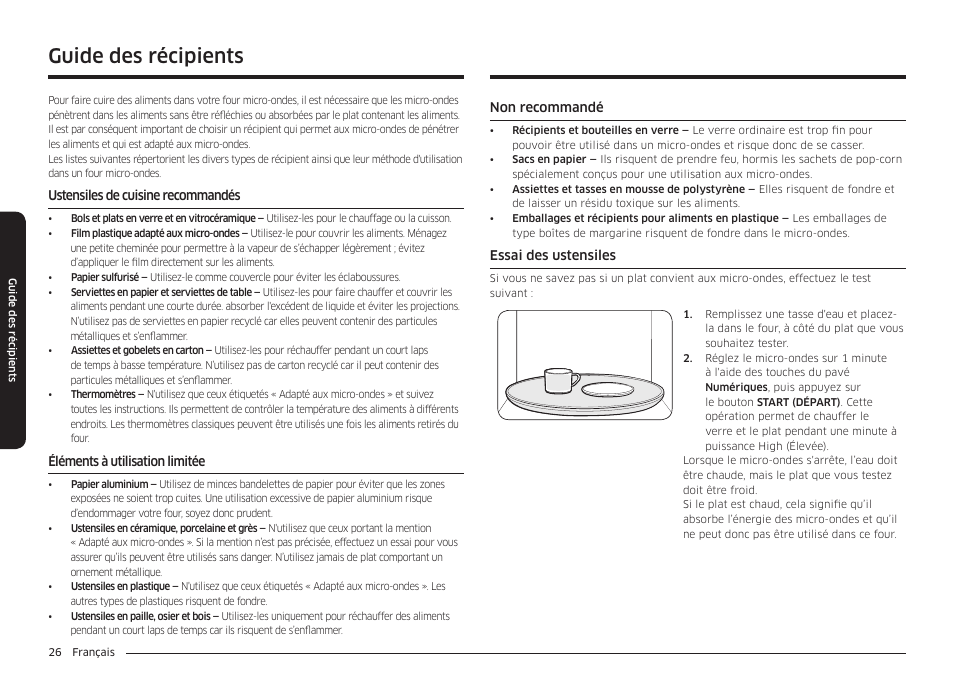 Guide des récipients | Samsung 30 Inch Over-the-Range Microwave Installation Guide User Manual | Page 114 / 132