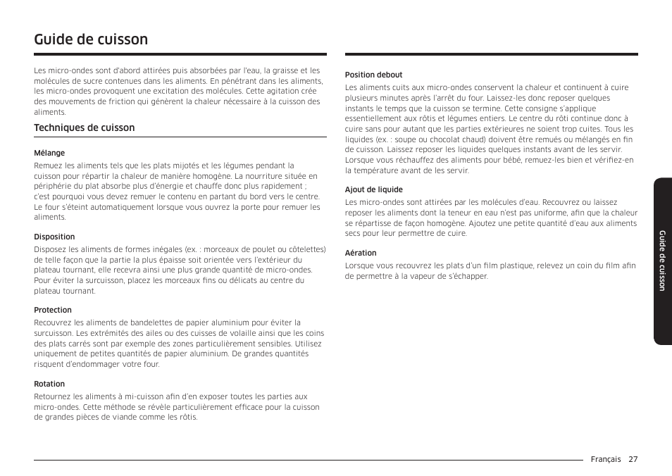 Guide de cuisson | Samsung 30 Inch Over-the-Range Microwave Installation Guide User Manual | Page 115 / 132