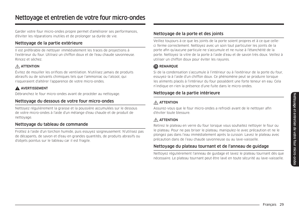 Nettoyage et entretien de votre four micro-ondes | Samsung 30 Inch Over-the-Range Microwave Installation Guide User Manual | Page 117 / 132