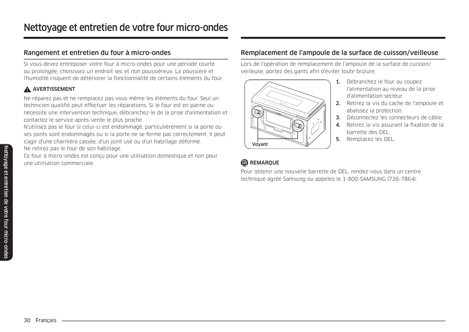 Nettoyage et entretien de votre four micro-ondes | Samsung 30 Inch Over-the-Range Microwave Installation Guide User Manual | Page 118 / 132