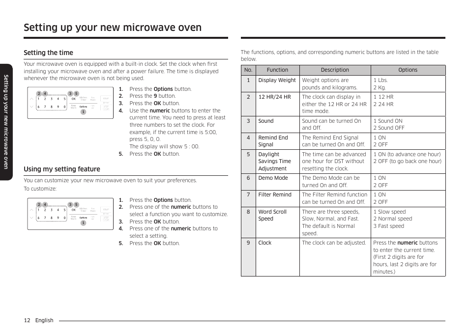 Setting up your new microwave oven | Samsung 30 Inch Over-the-Range Microwave Installation Guide User Manual | Page 12 / 132