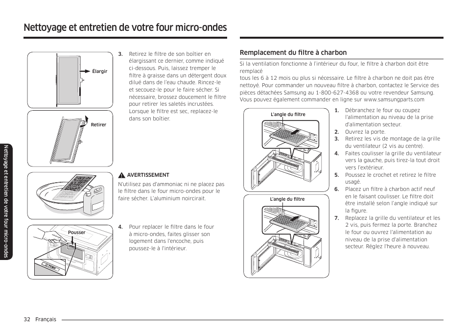 Nettoyage et entretien de votre four micro-ondes | Samsung 30 Inch Over-the-Range Microwave Installation Guide User Manual | Page 120 / 132