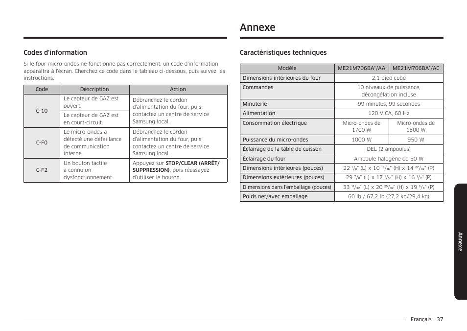 Annexe | Samsung 30 Inch Over-the-Range Microwave Installation Guide User Manual | Page 125 / 132