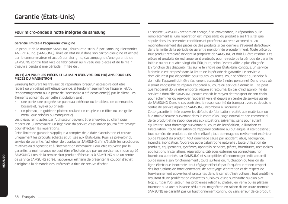 Garantie, Garantie (états-unis) | Samsung 30 Inch Over-the-Range Microwave Installation Guide User Manual | Page 126 / 132
