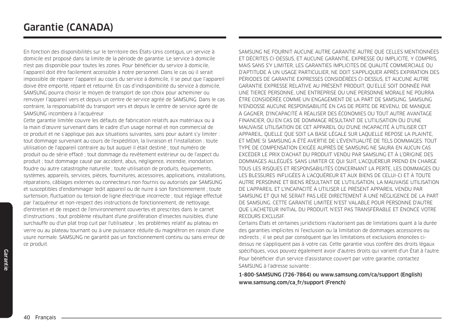 Garantie (canada) | Samsung 30 Inch Over-the-Range Microwave Installation Guide User Manual | Page 128 / 132