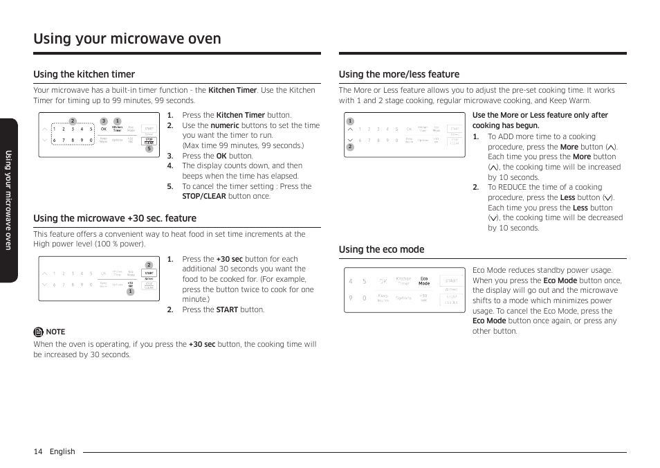 Using your microwave oven | Samsung 30 Inch Over-the-Range Microwave Installation Guide User Manual | Page 14 / 132