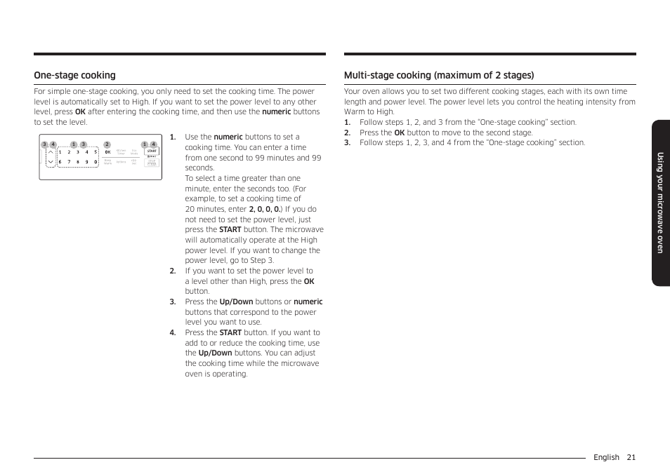 Multi-stage cooking (maximum of 2 stages), One-stage cooking | Samsung 30 Inch Over-the-Range Microwave Installation Guide User Manual | Page 21 / 132