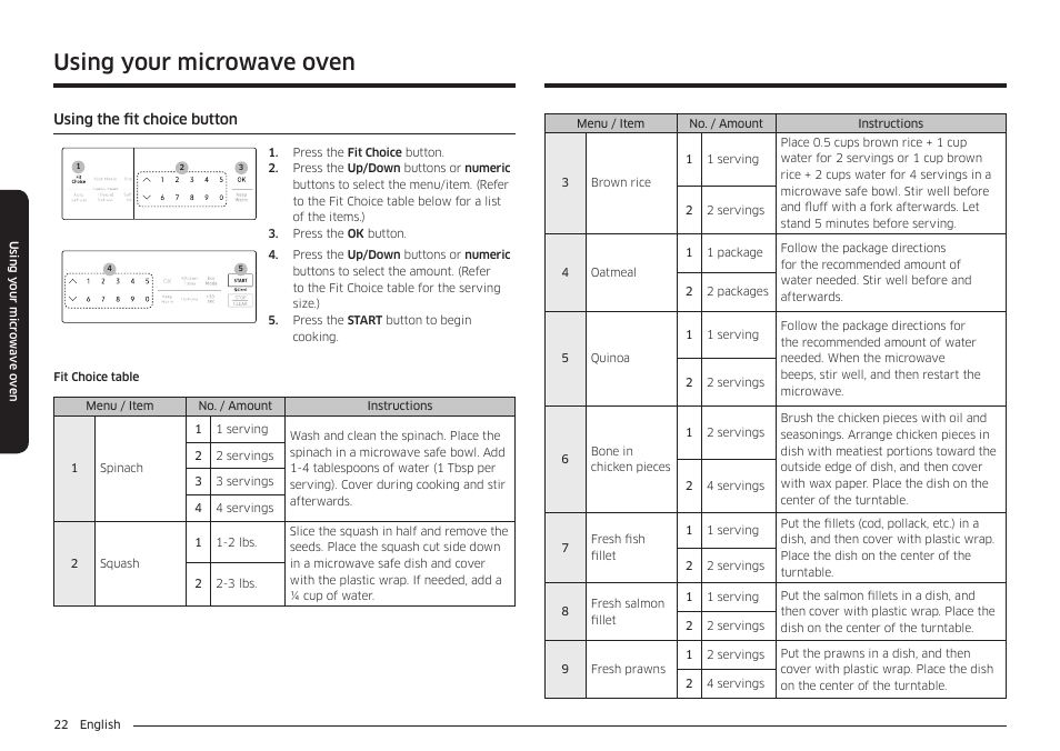 Using your microwave oven | Samsung 30 Inch Over-the-Range Microwave Installation Guide User Manual | Page 22 / 132