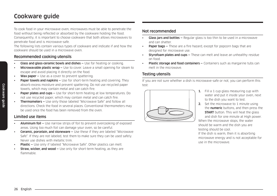 Cookware guide | Samsung 30 Inch Over-the-Range Microwave Installation Guide User Manual | Page 26 / 132
