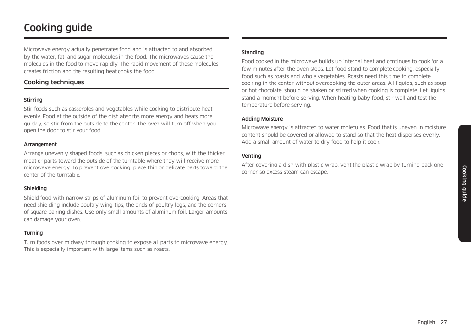 Cooking guide | Samsung 30 Inch Over-the-Range Microwave Installation Guide User Manual | Page 27 / 132