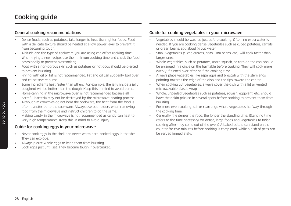 Cooking guide | Samsung 30 Inch Over-the-Range Microwave Installation Guide User Manual | Page 28 / 132